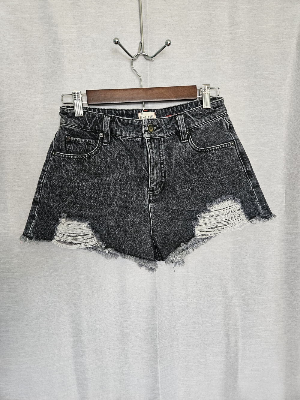 Alice + Olivia Washed Black Distressed High-Rise Denim Shorts Size 27